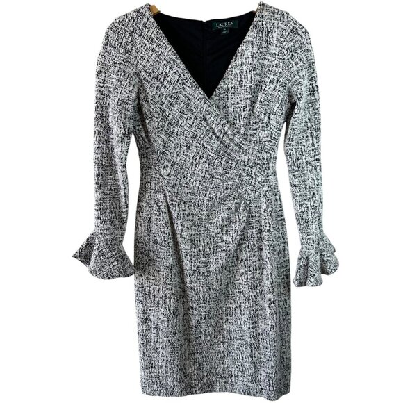 Lauren Ralph Lauren Black White Tweed V-Neck Ruffle Sleeve Dress Size 4 - Picture 3 of 8
